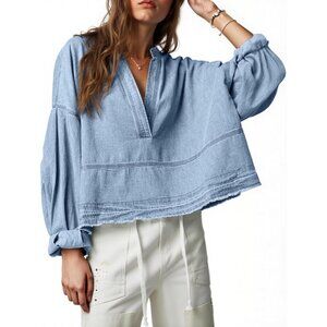 Women's Denim Top Cotton V-Neck Loose Fit Puff Sleeve Casual Shirt